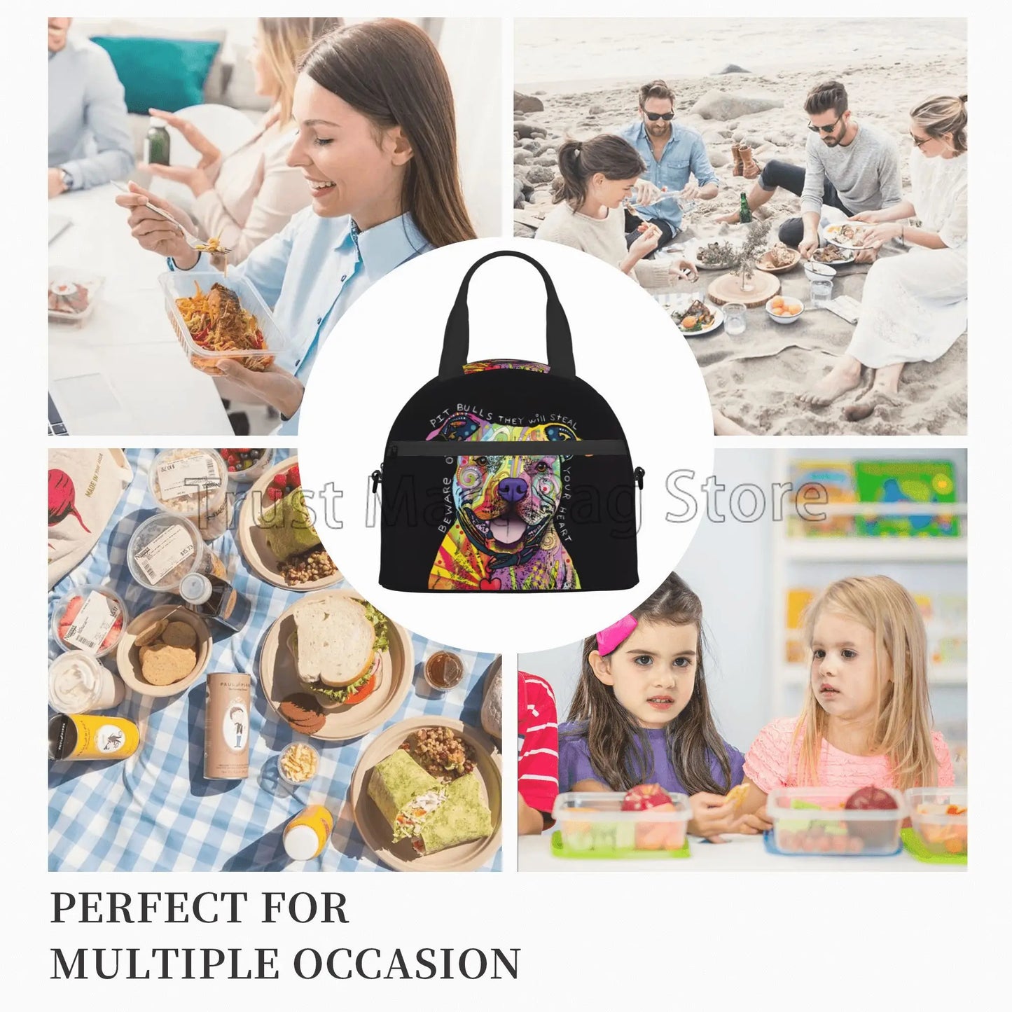 Colorful Pit Bull Reusable Insulated Lunch Bag Thermal Bento Tote with Adjustable Strap for Work School Picnic Beach Travel