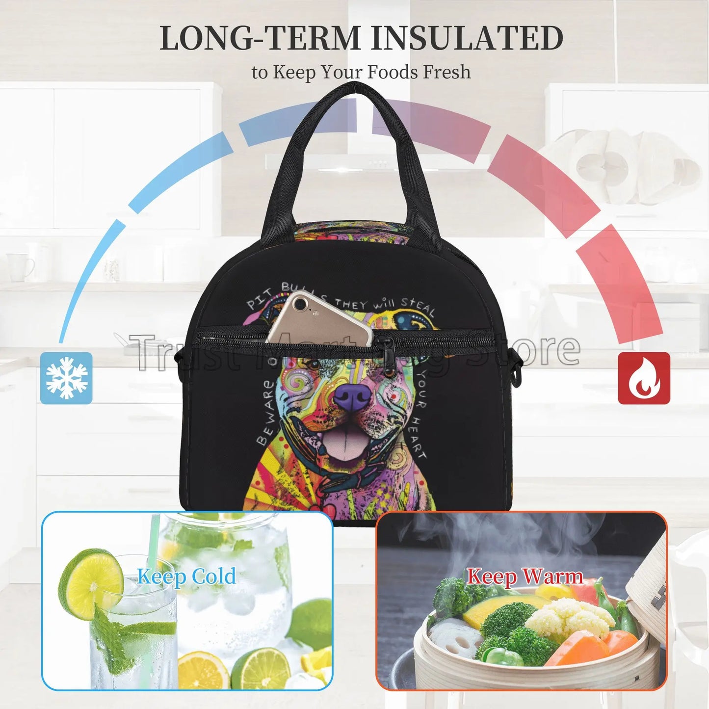 Colorful Pit Bull Reusable Insulated Lunch Bag Thermal Bento Tote with Adjustable Strap for Work School Picnic Beach Travel