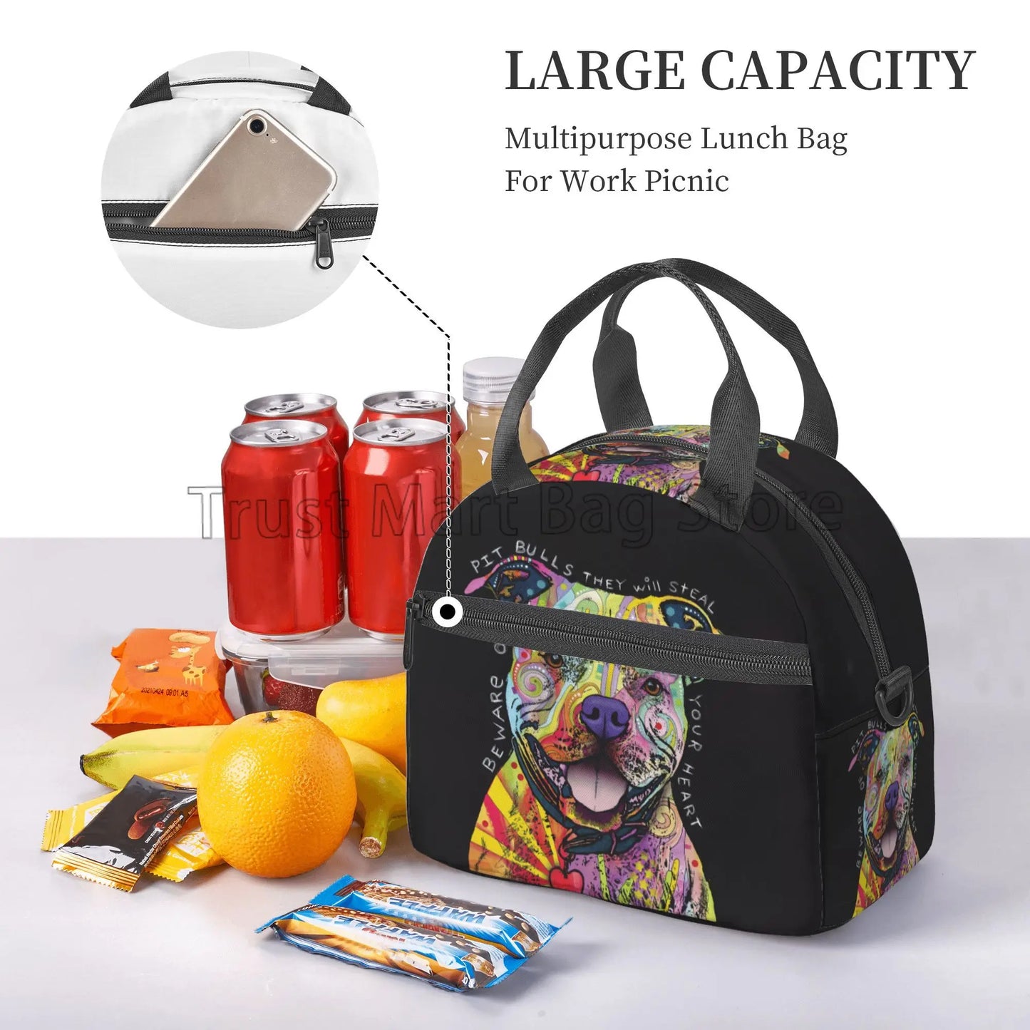 Colorful Pit Bull Reusable Insulated Lunch Bag Thermal Bento Tote with Adjustable Strap for Work School Picnic Beach Travel